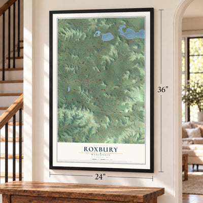 Roxbury, Wisconsin map, 24 x 36 inch print in a black frame by a staircase
