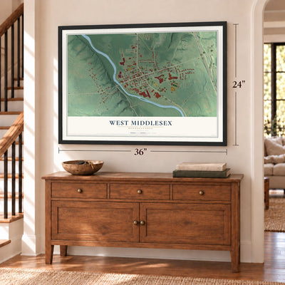 West Middlesex, Pennsylvania map, 24 x 36 inch print in a black frame above a dresser by a staircase