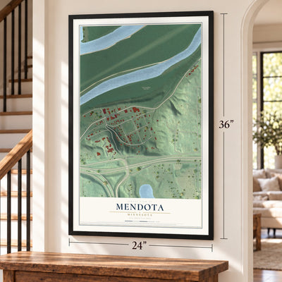 Mendota, Minnesota map, 24 x 36 inch print in a black frame by a staircase
