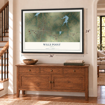 Wills Point, Texas map, 24 x 36 inch print in a black frame above a dresser by a staircase