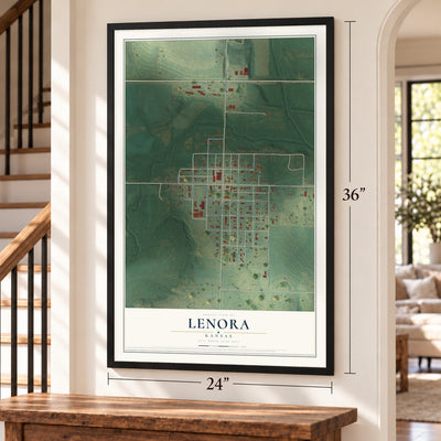 Lenora, Kansas map, 24 x 36 inch print in a black frame by a staircase