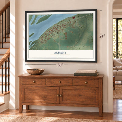 Albany, Illinois map, 24 x 36 inch print in a black frame above a dresser by a staircase