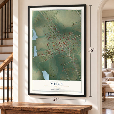Meigs, Georgia map, 24 x 36 inch print in a black frame by a staircase