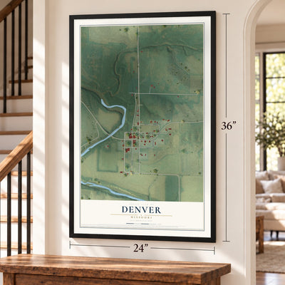 Denver, Missouri map, 24 x 36 inch print in a black frame by a staircase