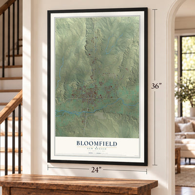 Bloomfield, New Mexico map, 24 x 36 inch print in a black frame by a staircase