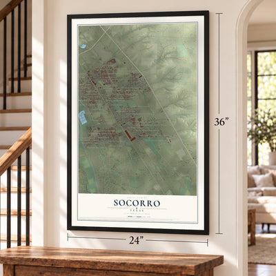 Socorro, Texas map, 24 x 36 inch print in a black frame by a staircase