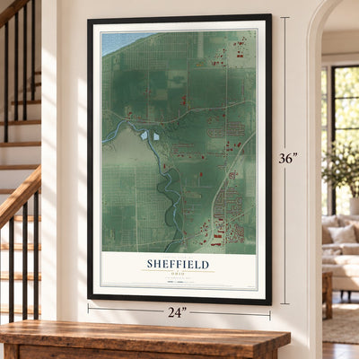 Sheffield, Ohio map, 24 x 36 inch print in a black frame by a staircase