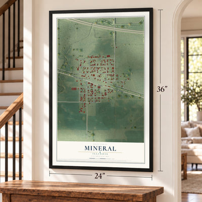 Mineral, Illinois map, 24 x 36 inch print in a black frame by a staircase