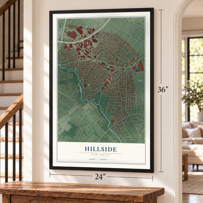 Hillside, New Jersey map, 24 x 36 inch print in a black frame by a staircase