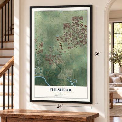 Fulshear, Texas map, 24 x 36 inch print in a black frame by a staircase