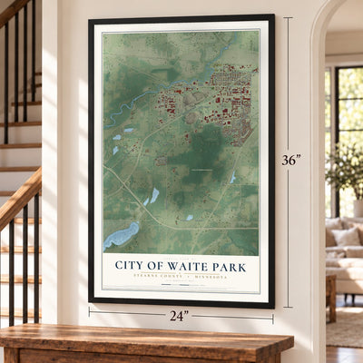 Waite Park, Minnesota map, 24 x 36 inch print in a black frame by a staircase
