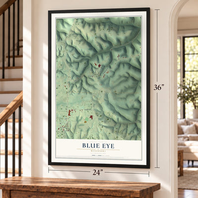 Blue Eye, Missouri map, 24 x 36 inch print in a black frame by a staircase
