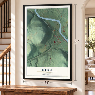 Utica, Pennsylvania map, 24 x 36 inch print in a black frame by a staircase