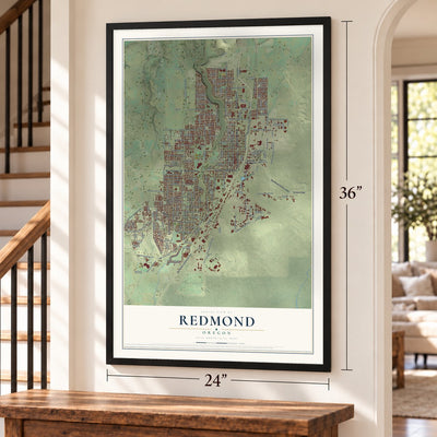 Redmond, Oregon map, 24 x 36 inch print in a black frame by a staircase