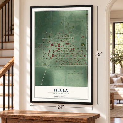 Hecla, South Dakota map, 24 x 36 inch print in a black frame by a staircase