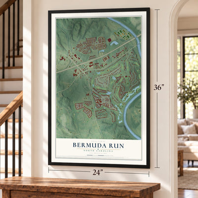 Bermuda Run, North Carolina map, 24 x 36 inch print in a black frame by a staircase