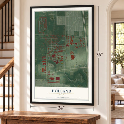 Holland, Ohio map, 24 x 36 inch print in a black frame by a staircase