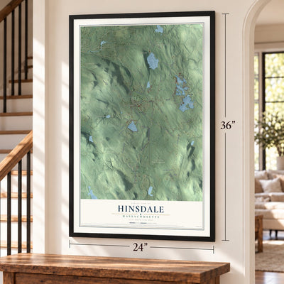 Hinsdale, Massachusetts map, 24 x 36 inch print in a black frame by a staircase