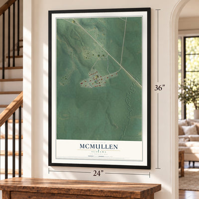 McMullen, Alabama map, 24 x 36 inch print in a black frame by a staircase