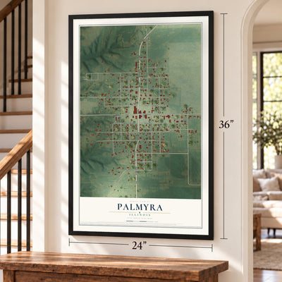 Palmyra, Illinois map, 24 x 36 inch print in a black frame by a staircase