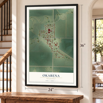 Okabena, Minnesota map, 24 x 36 inch print in a black frame by a staircase