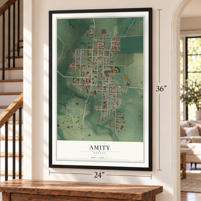 Amity, Oregon map, 24 x 36 inch print in a black frame by a staircase
