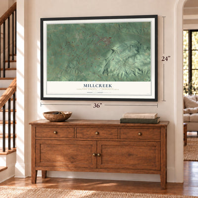 Millcreek, Lebanon County, Pennsylvania map, 24 x 36 inch print in a black frame above a dresser by a staircase