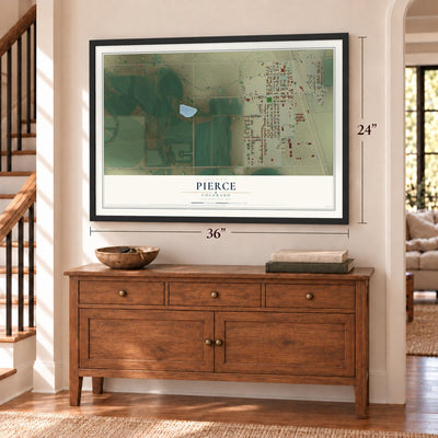 Pierce, Colorado map, 24 x 36 inch print in a black frame above a dresser by a staircase