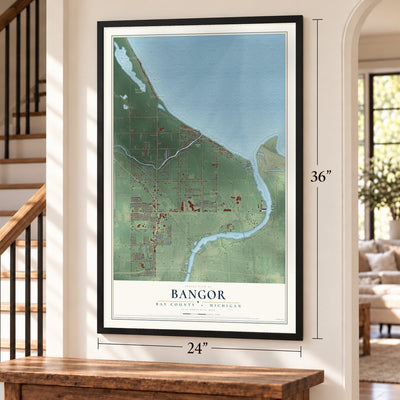 Bangor, Bay County, Michigan map, 24 x 36 inch print in a black frame by a staircase
