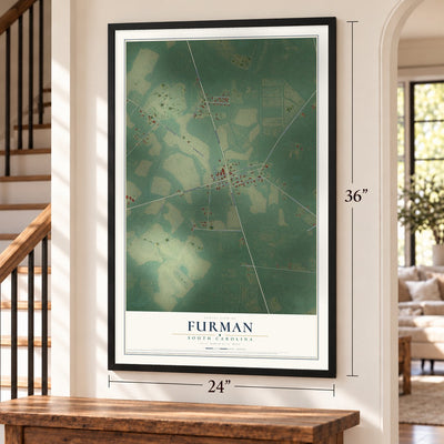 Furman, South Carolina map, 24 x 36 inch print in a black frame by a staircase