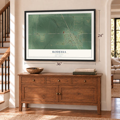 Rodessa, Louisiana map, 24 x 36 inch print in a black frame above a dresser by a staircase