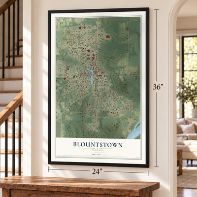 Blountstown, Florida map, 24 x 36 inch print in a black frame by a staircase