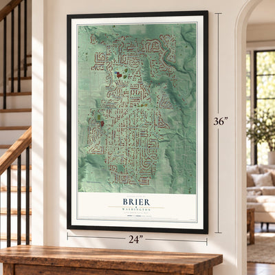 Brier, Washington map, 24 x 36 inch print in a black frame by a staircase