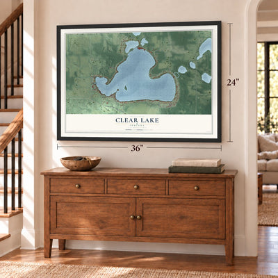 Clear Lake, Indiana map, 24 x 36 inch print in a black frame above a dresser by a staircase