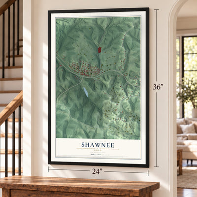 Shawnee, Ohio map, 24 x 36 inch print in a black frame by a staircase