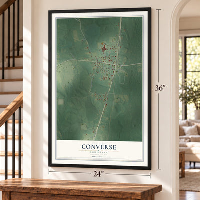 Converse, Louisiana map, 24 x 36 inch print in a black frame by a staircase