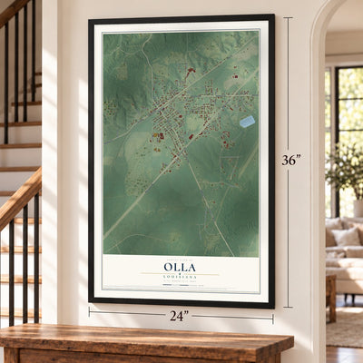 Olla, Louisiana map, 24 x 36 inch print in a black frame by a staircase