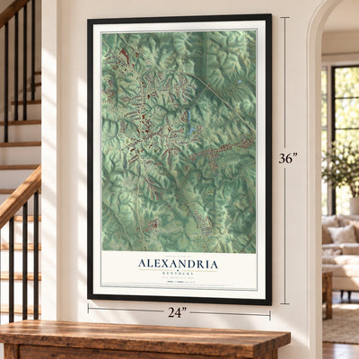 Alexandria, Kentucky map, 24 x 36 inch print in a black frame by a staircase
