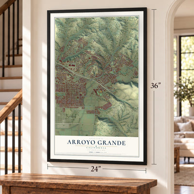Arroyo Grande, California map, 24 x 36 inch print in a black frame by a staircase