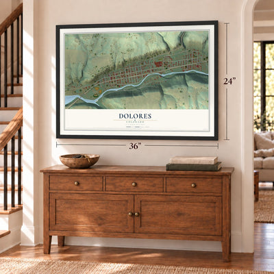 Dolores, Colorado map, 24 x 36 inch print in a black frame above a dresser by a staircase