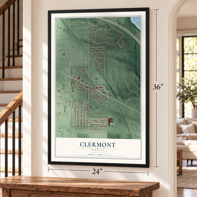 Clermont, Indiana map, 24 x 36 inch print in a black frame by a staircase