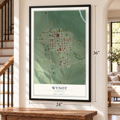 Wynot, Nebraska map, 24 x 36 inch print in a black frame by a staircase