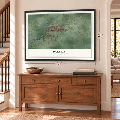 Parker, South Dakota map, 24 x 36 inch print in a black frame above a dresser by a staircase
