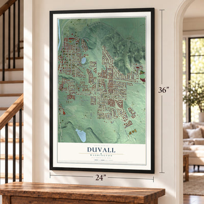 Duvall, Washington map, 24 x 36 inch print in a black frame by a staircase