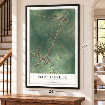 Pleasureville, Kentucky map, 24 x 36 inch print in a black frame by a staircase