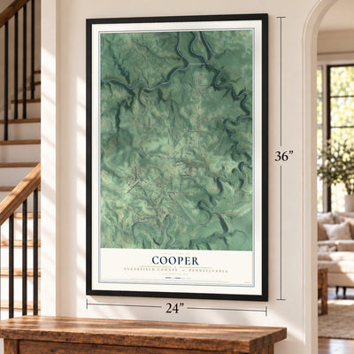 Cooper, Clearfield County, Pennsylvania map, 24 x 36 inch print in a black frame by a staircase