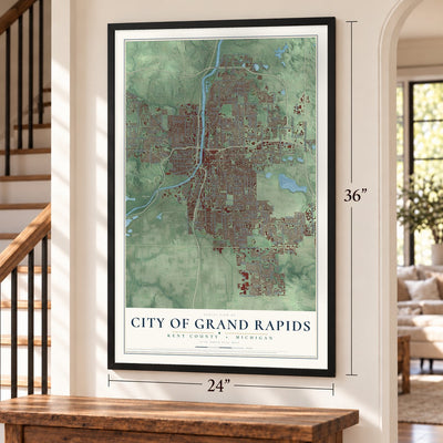 Grand Rapids, Michigan map, 24 x 36 inch print in a black frame by a staircase