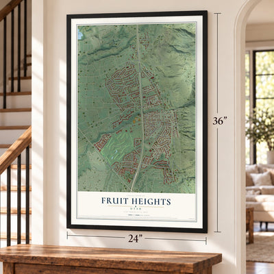 Fruit Heights, Utah map, 24 x 36 inch print in a black frame by a staircase