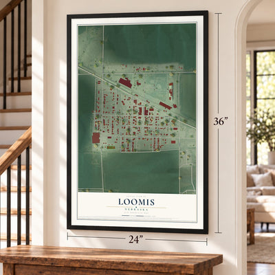 Loomis, Nebraska map, 24 x 36 inch print in a black frame by a staircase
