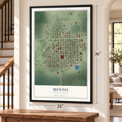 Menno, South Dakota map, 24 x 36 inch print in a black frame by a staircase